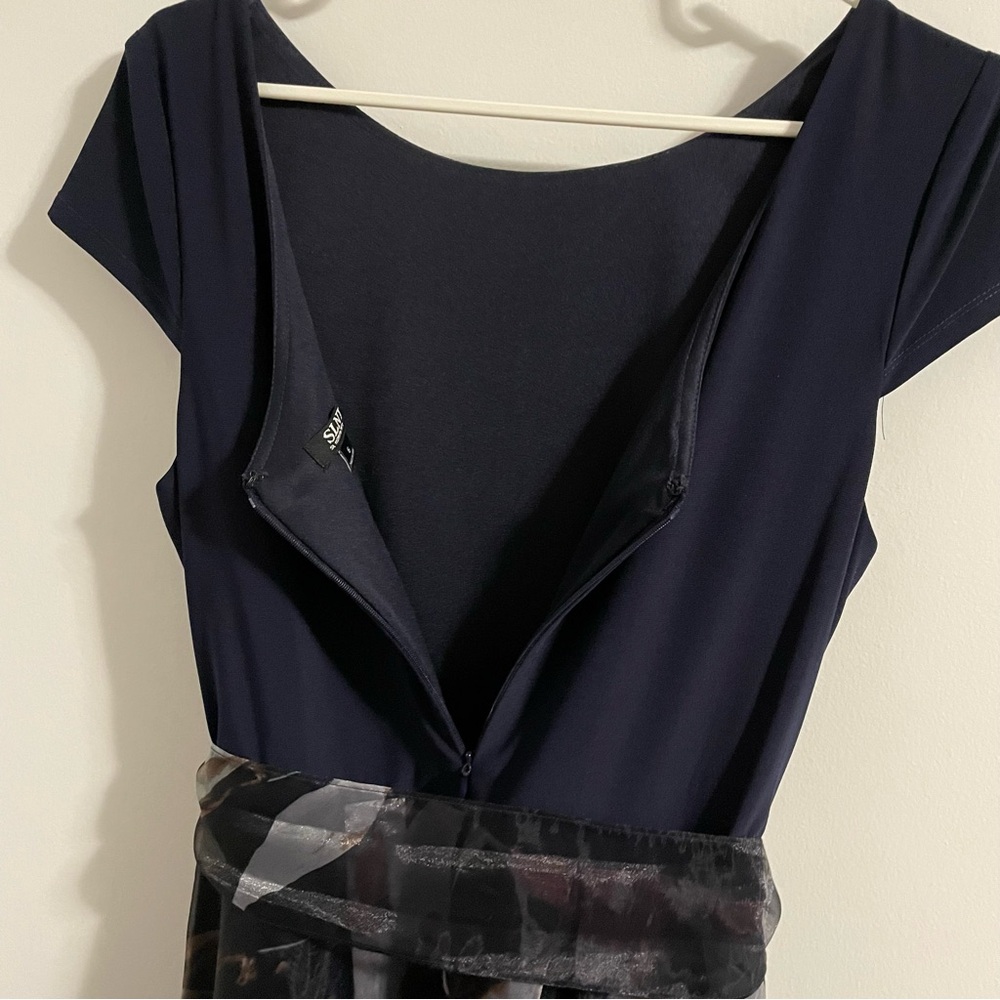 Navy High-Low Dress with large Floral Detail 6 - Picture 7 of 8